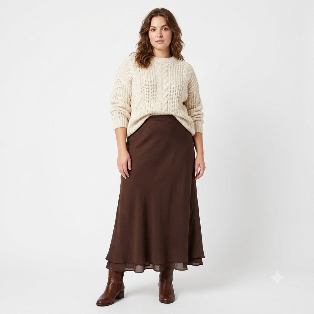 Y2K Silk Chocolate Brown Double-Layer Maxi Skirt Size 14 Minimalist Quiet Luxury